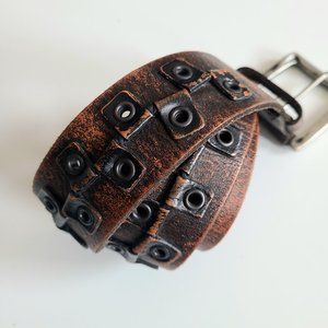 Bill Adler Design brown leather belt with metal setails.